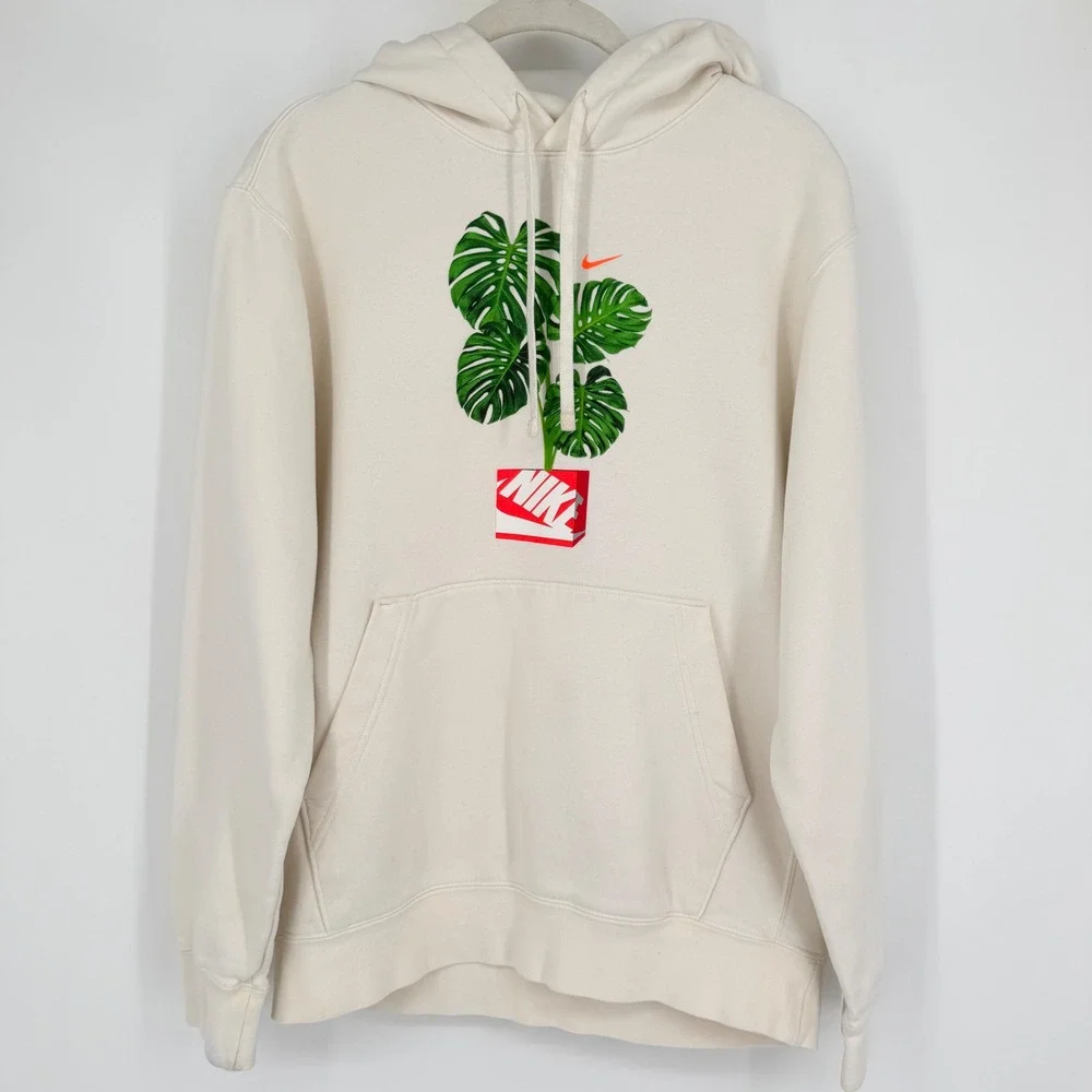 Nike Club Graphic Hoodie Size S Cream Off-White Monstera Plant Shoe Box Pullover